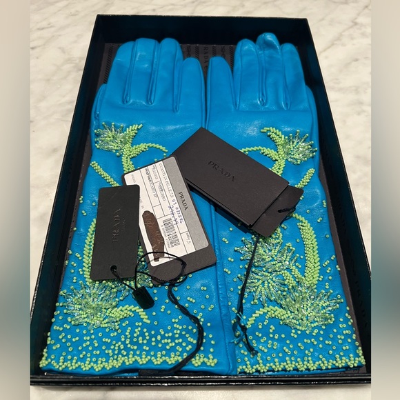 NWT PRADA Lamb Leather Long Embellished Gloves in box size 7.5 - Picture 3 of 11